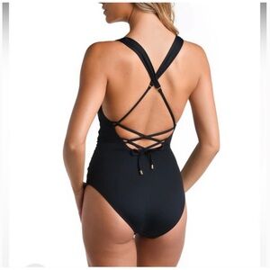 La Blanca Island Goddess Over The Shoulder One Piece Swimsuit, Black, 10 ~ NWT